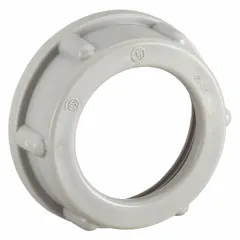 Plain insulating bushing made of plastic, with a 1-1/4 in trade size and 15/32 in overall length. Provides insulation and mechanical protection at conduit terminations, preventing abrasion of wire insulation against sharp edges. Suitable for use in junction boxes, panels, and other electrical enclosures.