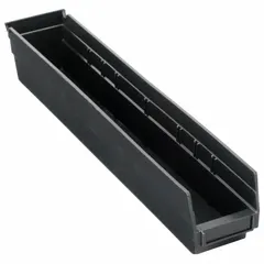 ESD static-control plastic shelf bin with dimensions 4 1/8 in x 4 in and overall length 23 5/8 in. Black color, nesting capable. Electrostatic discharge conductive for storing sensitive electronic components, circuit boards, and parts in cleanrooms, assembly lines, and warehouses.