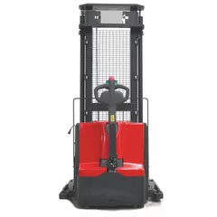Electric straddle stacker with hydraulic lift mechanism. Adjustable forks 45 1/4 in long by 4 5/8 in wide, adjustable width across forks from 19 in to 39-1/2 in. Maximum lifting height 141 in. Used for lifting and moving palletized loads in warehouses and manufacturing facilities.