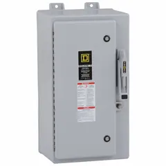 The SQUARE D H363DF is a 100 A, three-phase fusible safety switch rated for 600V AC. It features a non-metallic enclosure suitable for both indoor and outdoor use. This switch is used as a disconnecting means for electrical circuits, allowing safe maintenance or emergency shutdown in industrial and commercial applications.