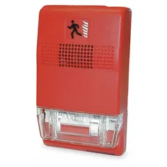 Fire alarm chime with integrated strobe light for audible and visual signaling. Operates on 16 to 33V DC. Overall height 4 1/2 in, width 2 3/4 in. Suitable for use in commercial and industrial fire alarm systems.