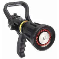 Constant pressure (automatic) fire hose nozzle with solid stream pattern. Rigid aluminum body with NST thread and shutoff handle activation. Used for firefighting applications requiring consistent flow and pressure control