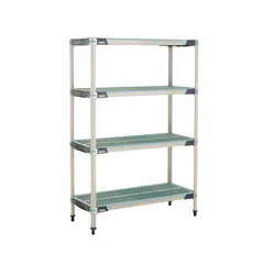 This stationary plastic shelving unit from METRO features four polymer shelves with antimicrobial resistance properties, supported by a 304 stainless steel frame. The shelves measure 18 in by 42 in, with an overall height of 62 in. Suitable for applications requiring resistance to moisture, chemicals, and microbial growth, such as in food processing, healthcare, or cleanroom environments.