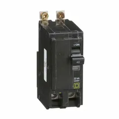 Bolt-on miniature circuit breaker for overcurrent protection in single-phase branch circuits. Rated 40 A, 120/240V AC, with a maximum interrupting rating of 22kA at 120/240V AC. Two-pole design for use in Square D NQOD panelboards.