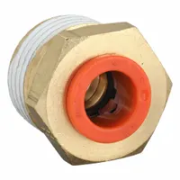 Brass push-to-connect adapter fitting with 1/2" male NPT thread. Connects 3/8" OD polybutylene or brass tubing to threaded ports. Used in pneumatic systems and fluid handling for tool-free, leak-resistant connections
