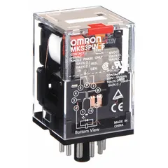 Socket-mounted relay from the MK-S Series with 3PDT contact configuration. Features an octal base with 11 round pins for plug-in mounting. Coil rated 120V AC; contacts rated 10 A at 30V DC resistive load. Suitable for industrial control panels and automation equipment requiring reliable switching and easy replacement.