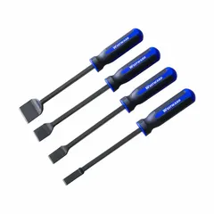 This gasket scraper set includes stiff, straight blades made of carbon steel with a half-round shape and bevel/offset design. The plastic handles provide a secure grip. Suitable for removing gaskets, adhesives, and sealants from mating surfaces in maintenance and repair tasks.