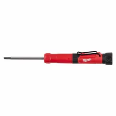 This pocket-sized multi-bit screwdriver includes four tips: #0 and #00 Phillips, and 1/8 in and 3/32 in slotted. It is suited for driving Phillips and slotted screws in confined spaces where portability and quick bit changes are required.