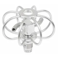 This MOSMATIC duct and tank cleaner features a stainless steel housing and a 3/8-inch NPTF inlet. It includes two non-adjustable spray arms with nozzles, designed for cleaning confined surfaces such as ventilation ducts and storage tanks.