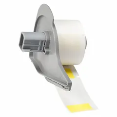 This precut label roll from Brady is designed for wire and cable identification. The yellow matte vinyl label measures 2-1/2 in x 1 in and accommodates wire gauges from 6 AWG to 0 AWG. It is compatible with the M710 printer series and requires M7-R4400-WT ribbon for printing. Typical applications include industrial labeling for electrical wires and cables.
