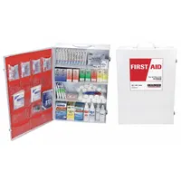 Wall-mountable metal first aid kit with white housing, serving 150 people. Contains 1,172 components including 40 knuckle bandages, trauma dressing, burn spray, and 100 non-aspirin pain relievers. OSHA compliant for industrial environments
