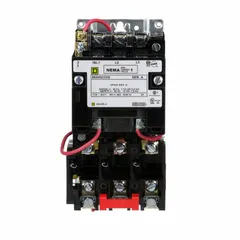 This non-reversing magnetic motor starter is designed for three-phase AC motor control in applications such as conveyors, pumps, and compressors. It is NEMA Size 1 rated at 27 A with 3 poles and a 24V AC coil. The unit features screw clamp terminals and requires three melting alloy thermal units (sold separately) for overload protection. No operator controls, pilot light, or auxiliary contacts are included.