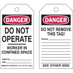 These black cable-tie tags are used for machine and operational safety lockout, marking confined spaces and equipment that must not be operated. They help prevent accidental startup during maintenance. Each pack contains 25 English-language tags with a cable-tie fastener.