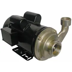 This centrifugal pump features a 316 stainless steel housing and impeller for resistance to corrosive fluids. It is powered by a 3 hp single-phase motor at 230V AC with a totally enclosed fan-cooled enclosure. Connections are 2 in NPT. Suitable for transferring aggressive media in industrial processing and water treatment applications.