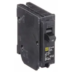 Single-pole, plug-in miniature circuit breaker rated 50 A at 120V AC. Provides overcurrent protection for branch circuits in Homeline load centers. Maximum interrupting rating 10 kA at 120V AC. Suitable for residential and light commercial electrical panels.