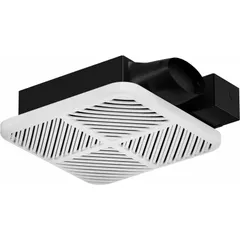 This Dayton bathroom exhaust fan combines ventilation and lighting in one unit. It mounts on a wall or ceiling using the included mounting bracket and connects to a round duct. The variable speed motor adjusts airflow up to 110 cfm, and the integrated LED module provides illumination. A backdraft damper is included to prevent reverse airflow.