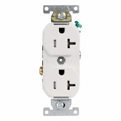 General purpose duplex receptacle rated 125V AC, 20A, NEMA 5-20 configuration, 2-pole/3-wire with grounding. White finish for flush-mount installation in standard wall boxes. Suitable for powering 20A equipment in residential, commercial, and light-industrial settings.