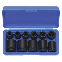 This 11-piece SAE impact socket set is designed for use with impact wrenches in automotive repair, heavy equipment maintenance, and industrial assembly. The set includes sockets ranging from 1/2 in to 1-1/8 in, with a 1/2 in drive size, suitable for standard fasteners on machinery and vehicles.