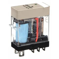 OMRON G2RS Series socket-mounted relay with 12V DC coil, SPDT contact configuration, and 10 A current rating at 30V DC resistive load. Features a square base, flat pin shape, plug-in mounting, and quick-connect terminals. Suitable for industrial control panels and automation systems requiring reliable switching.