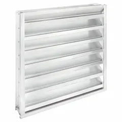This drainable stationary-blade louver is designed for outdoor air intake in commercial and industrial ventilation systems. Its recess mount and hat channel design facilitate installation in building envelopes, mechanical rooms, and equipment enclosures. The extruded aluminum construction sheds rainwater while allowing airflow up to 3500 fpm.