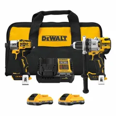 This cordless combination kit includes a hammer drill and an impact driver, both powered by the DEWALT 20V platform. The hammer drill provides hammer action for drilling into masonry, wood, and metal, while the impact driver delivers high torque for driving screws and fasteners. Battery included.