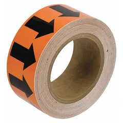 Non-reflective vinyl tape with orange background and black directional arrow legend. Used for marking flow direction on pipes in industrial facilities. Roll dimensions: 4 in width, 90 ft length (1,080 in).