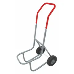 This hand truck is designed for transporting up to 16 stacking chairs. It features a flow-back design and gray finish. The 10-inch pneumatic wheels provide smooth movement over various surfaces. Suitable for use in commercial settings such as banquet halls, schools, and event venues.