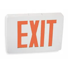 White aluminum housing with red LED text and universal field-selectable chevrons. Operates on 120/277 V AC with nickel-cadmium battery backup for emergency egress lighting in commercial and industrial facilities.