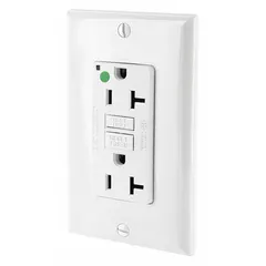 This LEVITON GFI receptacle is a specification-grade, decorator duplex GFCI outlet with a 5-20R configuration. Rated for 125V AC, it provides ground-fault circuit interruption in a white finish. Suitable for use in commercial and institutional environments where code requires GFCI protection.
