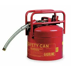 This EAGLE Type II Safety Can is a DOT-approved container for flammable liquids, constructed from powder coated steel with a 5 gallon capacity. It is designed for safely storing and dispensing flammables in industrial environments such as machining, maintenance, and chemical processing operations.