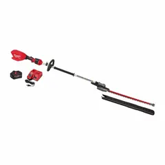 This battery-powered extended-reach hedge trimmer features a 24-inch double-sided blade with a 1-inch cutting width. It is designed for trimming and shaping hedges, shrubs, and bushes, allowing operators to cut branches without a ladder.