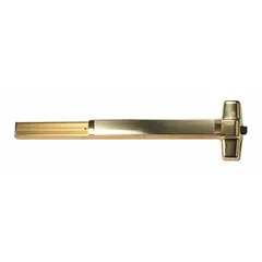 Rim-type exit device with touchbar style, constructed of brass. Designed for surface mounting on doors up to 3 ft wide. Used in commercial buildings to provide code-compliant emergency egress.
