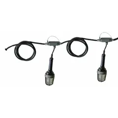 Corded LED string light for hazardous locations. Polycarbonate housing, 120V AC, 4500K. 100 ft SOOW power cord, 100 ft overall string length. No switch. Suitable for temporary lighting in industrial areas with flammable gases or vapors.
