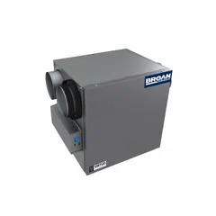 Residential energy-recovery ventilator with variable-speed motor, rated 127 cfm at 0.400 in SP and 80% maximum efficiency. Operates on 120V AC with plug-in connection. Features exhaust-only defrost type. Suitable for balanced ventilation in homes, exchanging stale indoor air with fresh outdoor air while recovering heat and moisture.