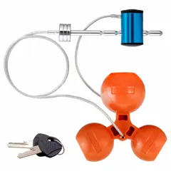 This chrome-plated hitch lock secures a trailer coupler to a hitch ball, helping prevent theft or accidental detachment. The orange color aids visibility during use. Includes two keys.