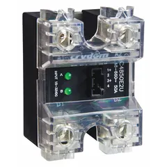 Panel-mounted solid state relay with dual SCR output, Form A switch configuration, and screw-clamp terminals. Rated for 48 to 600V AC output, 25 A maximum output current, and 10 mA input current. Finger-safe design. Suitable for switching AC loads in industrial control panels, HVAC equipment, and process automation systems.