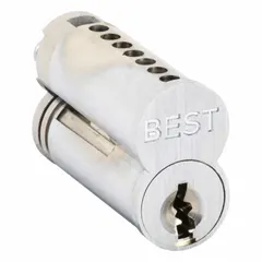 Small Format Interchangeable Core (SFIC) cylinder in chrome finish for cylindrical lock assemblies. Features 7-pin configuration with M keyway type, allowing quick rekeying without removing the lock. Suitable for commercial applications requiring flexible access control.