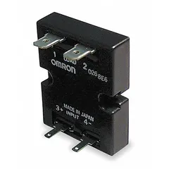 Panel-mounted solid state relay with phototriac output for switching AC loads. Form A (SPST-NO) configuration, DC input, quick-connect terminals. Rated 5 A maximum output current without heat sink, 120 to 240V AC output voltage. Suitable for industrial control applications requiring silent, fast switching of resistive or inductive AC loads.