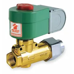 This 2-way, 2-position normally closed solenoid valve is designed for on/off flow control of compatible fluids in industrial piping systems. It features a 1/2 in pipe size and operates on 120V AC (110V AC). The coil enclosure includes a junction box for electrical connections.