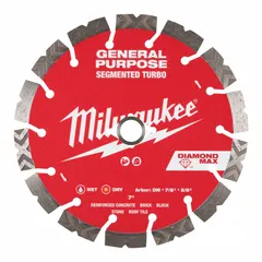 This 7-inch diamond saw blade is designed for cutting concrete, asphalt, block, brick, and stone. It features a 5/8-inch to 7/8-inch arbor size and is suitable for both wet and dry cutting applications on masonry saws.