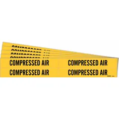 Yellow adhesive pipe marker with black legend reading 'Compressed Air'. Fits pipe outer diameters from 3/4 to 2-3/8 inches. Pack includes 4 markers without arrows. Used to identify compressed air lines in industrial piping systems.