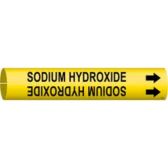 This snap-on pipe marker identifies pipes carrying sodium hydroxide. It features a yellow background with black legend text and includes directional arrows. Designed for pipe outer diameters from 1-1/2 to 2-3/8 inches, it provides clear labeling for pipe contents and flow direction in industrial piping systems.
