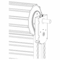 This manual chain hoist is designed for lifting heavy sectional garage doors in commercial or industrial settings. It features a shaft mount and non-handed orientation for left- or right-hand installation. The 4.4 to 1 drive ratio reduces manual effort, enabling one-person operation. Actuated by hand chain