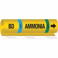 Wrap-around pipe marker for identifying BD (blowdown) lines in ammonia piping systems. Rated for VAP phase and Low pressure, fits pipe O.D. 1-1/2 to 2-3/8 in. Includes directional arrows. Supplied as 1 marker.