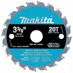 Circular saw blade designed for cutting wood. Features 20 teeth, 0.04-inch cut width, and 9/16-inch arbor size. Suitable for trim work, panel cutting, and other precision wood-cutting applications.