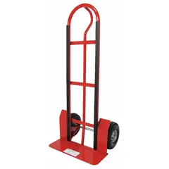This hand truck features a steel frame with a red finish and a single-loop handle. It is equipped with pneumatic 10 in wheels for mobility. Suitable for moving loads in warehouses, factories, and delivery settings.