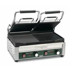 Flat/panini plate sandwich press with cast iron cooking surface. 17 in cooking surface width, 240V AC. Used in commercial kitchens for grilling panini, flatbreads, and hot sandwiches.