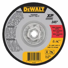 This DEWALT Elite cut-off wheel is a Type 27 depressed center wheel with ceramic abrasive and 46 grit. It measures 6 inches in diameter, 0.045 inches thick, and has a 5/8"-11 arbor. Designed for cool-cutting on carbon and stainless steel, it is used in metal fabrication and maintenance tasks.