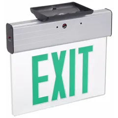 Surface-mount edge-lit exit sign with two illuminated faces. Green text on silver aluminum housing. LED technology with universal field-selectable chevrons. Suitable for marking emergency exits in commercial and industrial buildings such as corridors, lobbies, and stairwells.