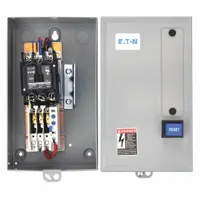 Enclosed non-reversing magnetic motor starter with thermal overload protection. Rated 25 A, 3 poles, 120V AC coil. Requires 3 thermal units (not included). Suitable for starting and protecting single-speed AC motors in applications such as pumps, fans, and conveyors